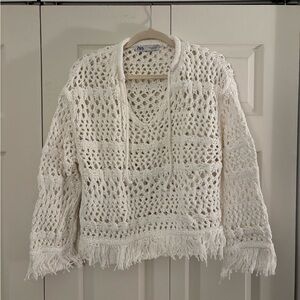 Zara Women's White Crochet V-Neck Sweater
